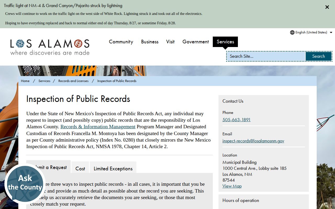 Los Alamos County booking record request page